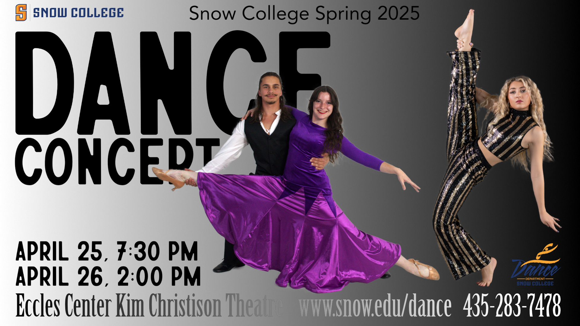 Snow College Spring 2025 Dance Concert with a ballroom couple and a dancer